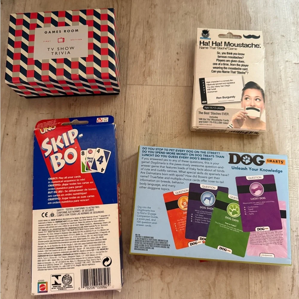 Lot of 8 family card games and trivia games Uno, Skip-Bo, Phase 10, Scrabble Sla